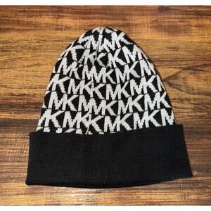 Michael Kors MK Logo Knit Beanie Hat Black White Women’s One Size